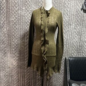 Stylish Olive Green Mini Dress-with Ruffle Details .100%cashmere ,hand woven .